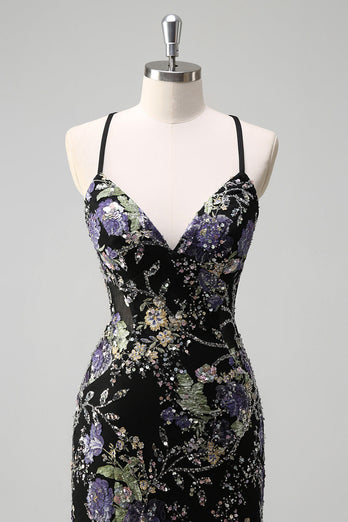 Sparkly Black Floral Mermaid Long Formal Dress with Sequins