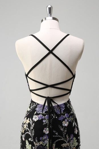 Sparkly Black Floral Mermaid Long Formal Dress with Sequins