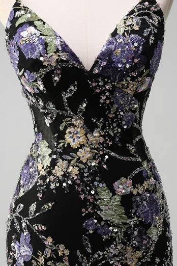 Sparkly Black Floral Mermaid Long Formal Dress with Sequins