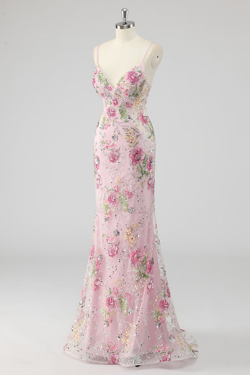 Load image into Gallery viewer, Sparkly Black Floral Mermaid Long Formal Dress with Sequins