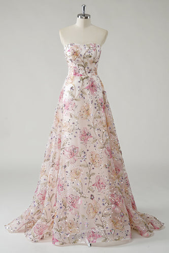 Sparkly Pink Floral A-Line Strapless Long Prom Dress