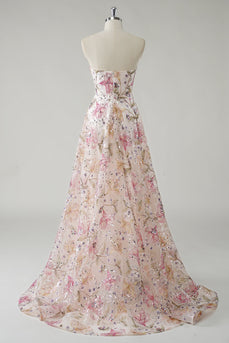 Sparkly Pink Floral A-Line Strapless Long Prom Dress