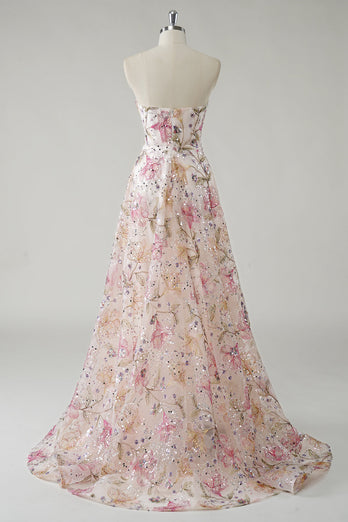 Sparkly Pink Floral A-Line Strapless Long Prom Dress