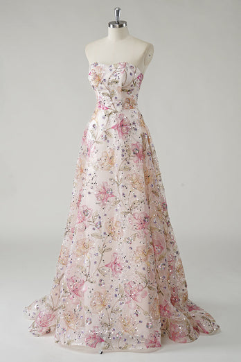Sparkly Pink Floral A-Line Strapless Long Prom Dress