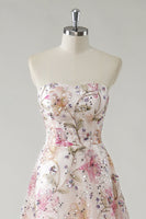 Load image into Gallery viewer, Sparkly Pink Floral A-Line Strapless Long Prom Dress
