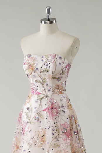 Sparkly Pink Floral A-Line Strapless Long Prom Dress
