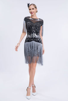 Grey Sequined Short 1920s Flapper Dress with Fringes