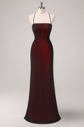 Zapaka Women Black Red Long Bridesmaid Dress with Beading Spaghetti Straps Mermaid Lace-Up Back Wedding Guest Dress