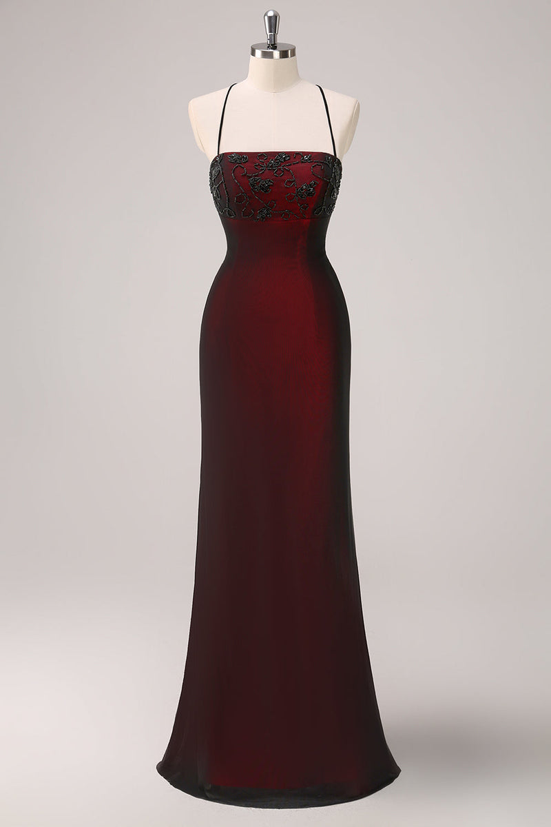 Load image into Gallery viewer, Zapaka Women Black Red Long Bridesmaid Dress with Beading Spaghetti Straps Mermaid Lace-Up Back Wedding Guest Dress
