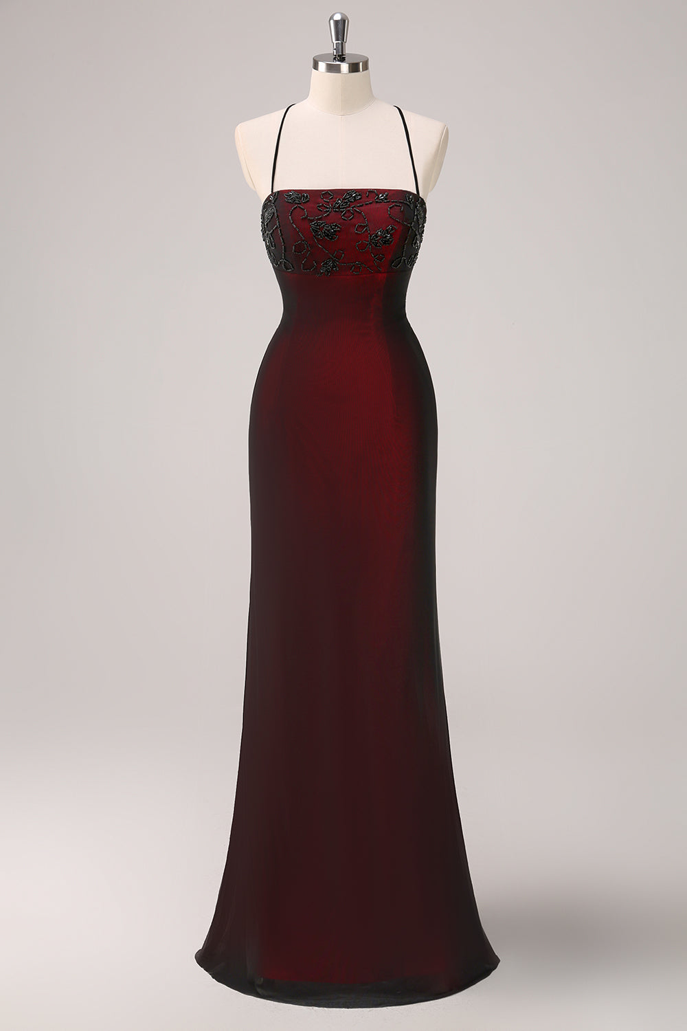 Zapaka Women Black Red Long Bridesmaid Dress with Beading Spaghetti Straps Mermaid Lace-Up Back Wedding Guest Dress