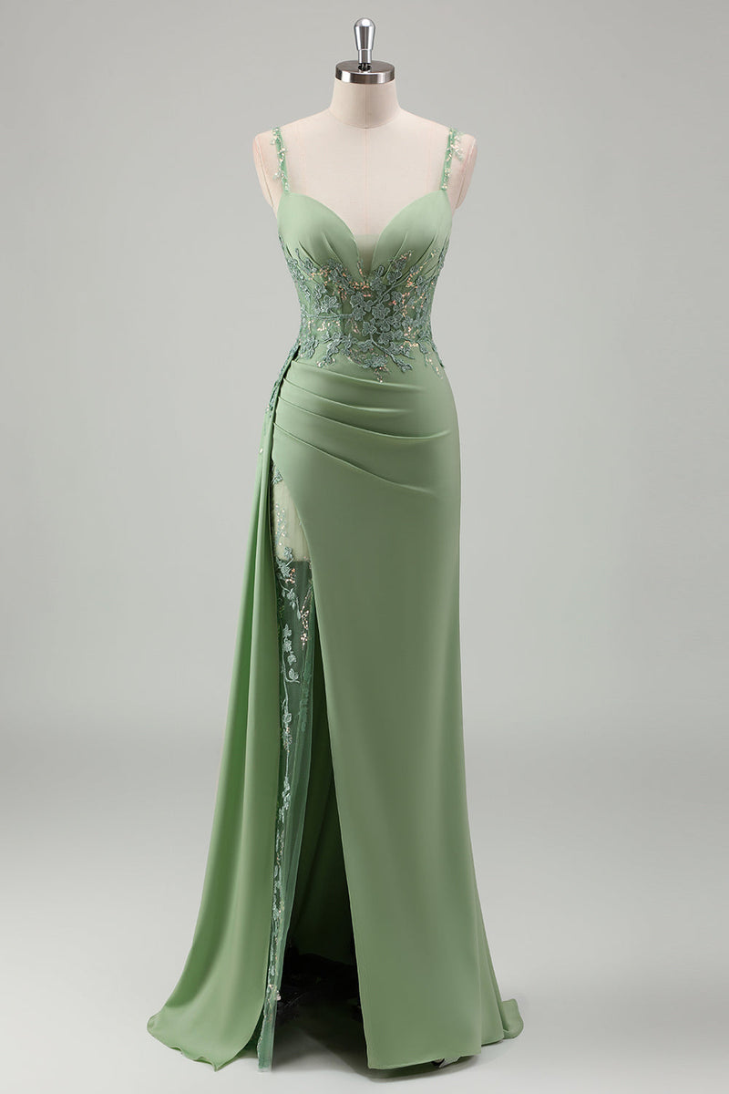 Load image into Gallery viewer, Light Green Mermaid Satin Appliqued Long Formal Dress with Slit