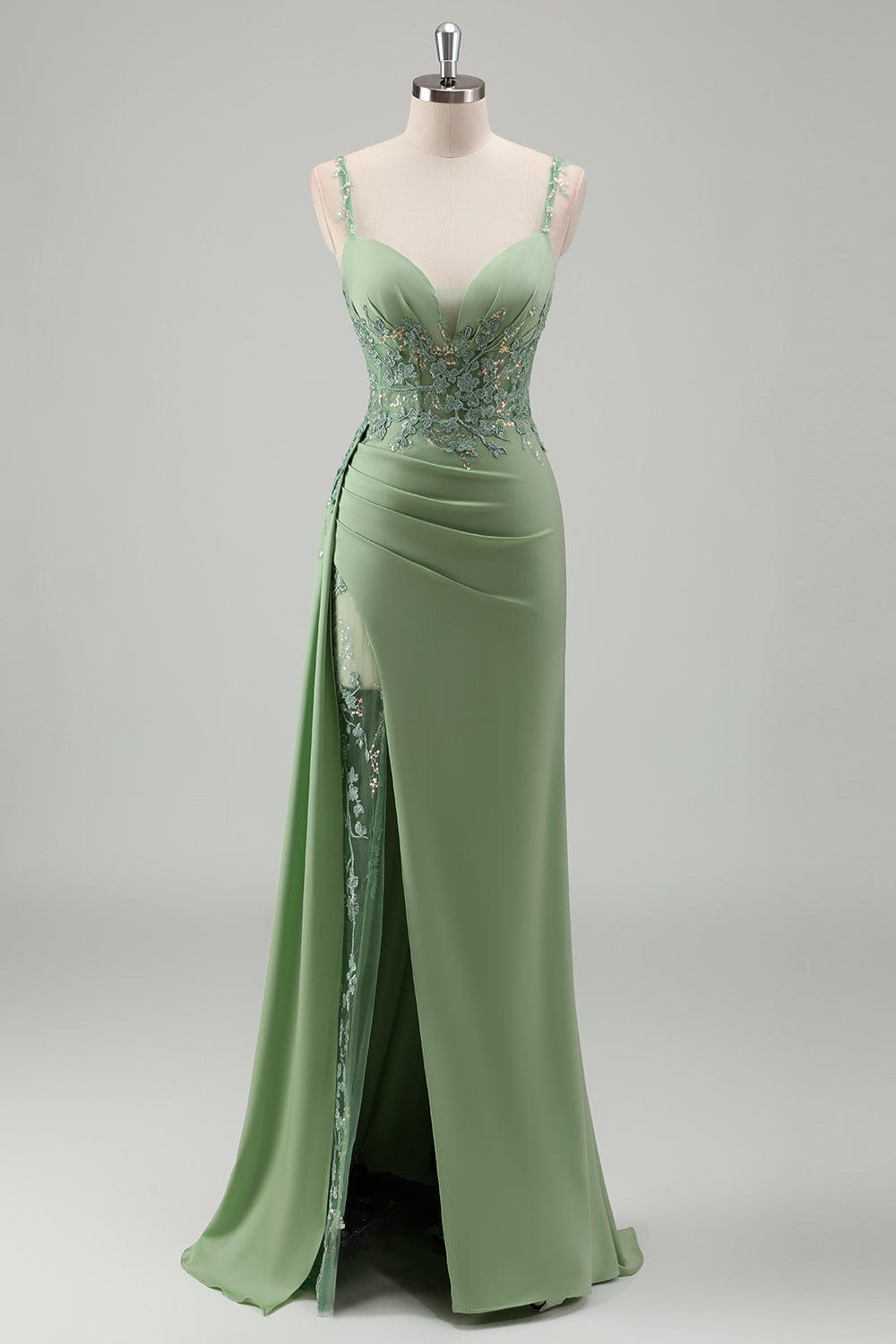 Light Green Mermaid Satin Appliqued Long Formal Dress with Slit