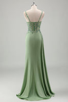 Load image into Gallery viewer, Light Green Mermaid Satin Appliqued Long Formal Dress with Slit