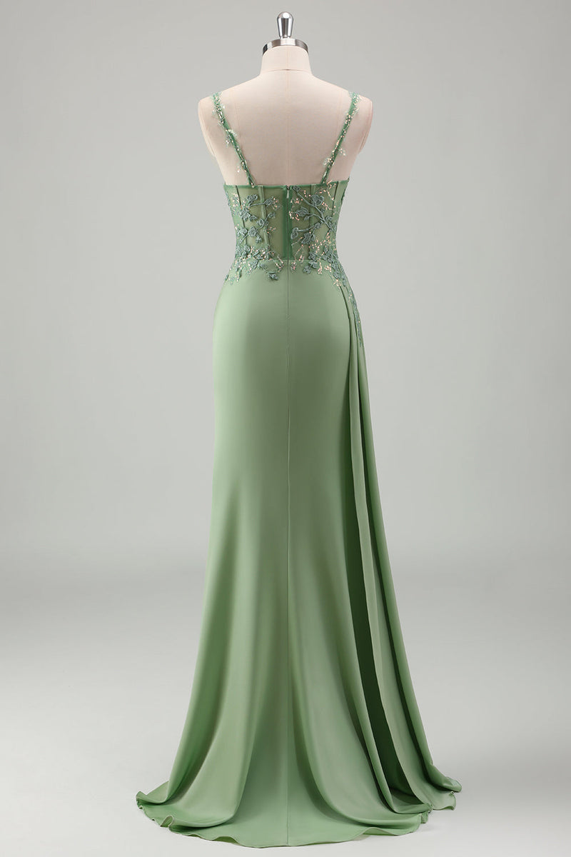 Load image into Gallery viewer, Light Green Mermaid Satin Appliqued Long Formal Dress with Slit