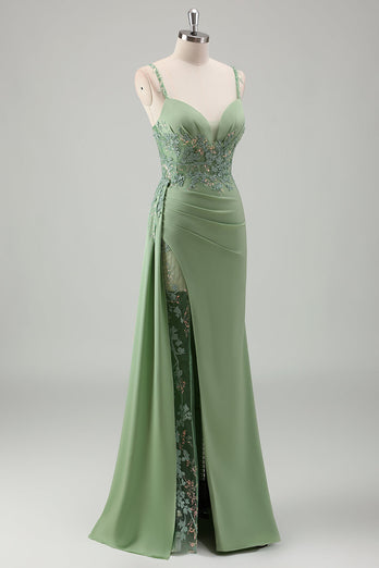Light Green Mermaid Satin Appliqued Long Formal Dress with Slit