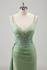 Load image into Gallery viewer, Light Green Mermaid Satin Appliqued Long Formal Dress with Slit