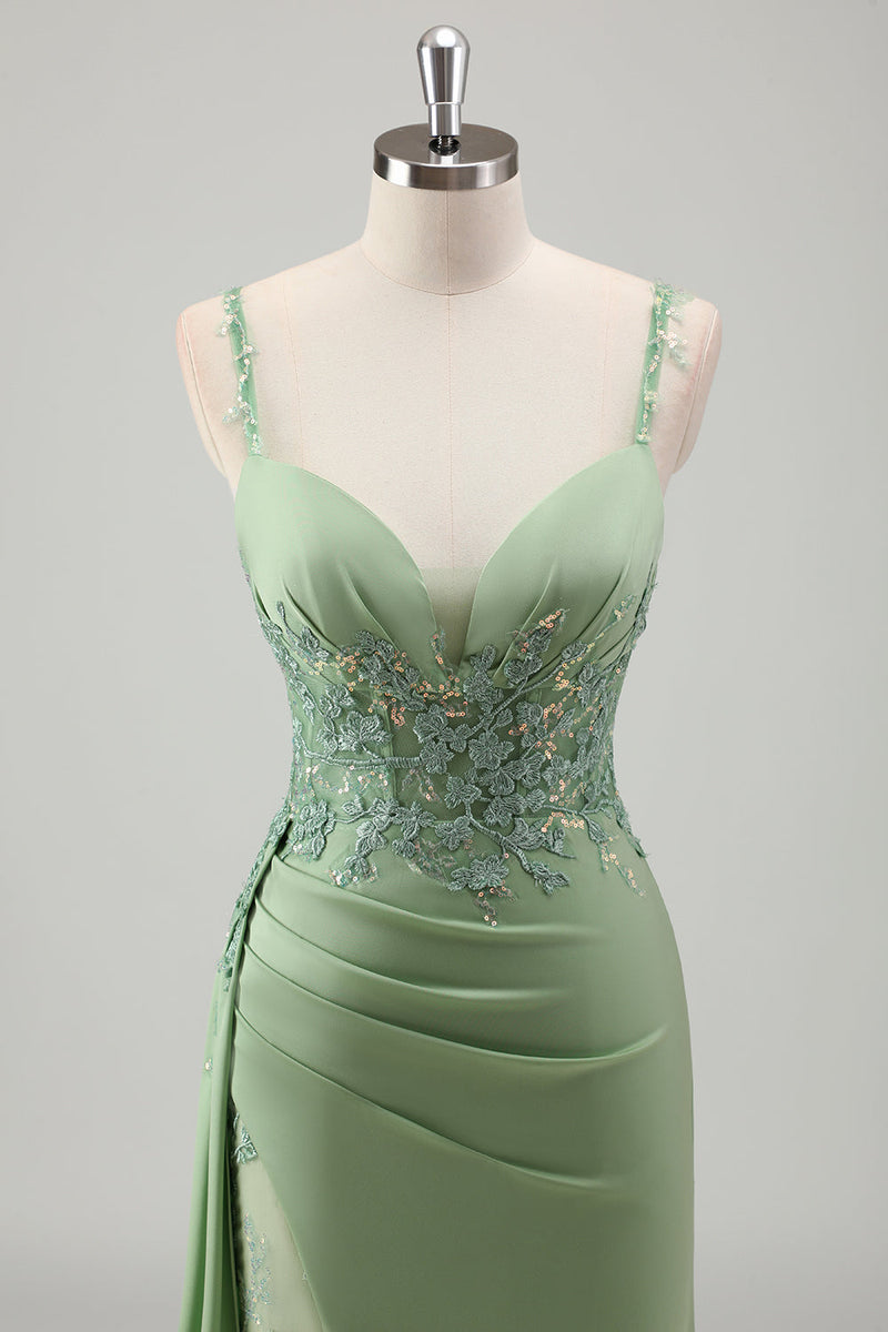 Load image into Gallery viewer, Light Green Mermaid Satin Appliqued Long Formal Dress with Slit