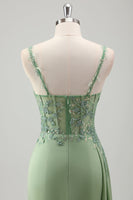 Load image into Gallery viewer, Light Green Mermaid Satin Appliqued Long Formal Dress with Slit