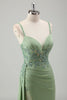 Load image into Gallery viewer, Light Green Mermaid Satin Appliqued Long Formal Dress with Slit