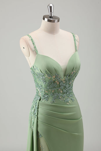 Light Green Mermaid Satin Appliqued Long Formal Dress with Slit
