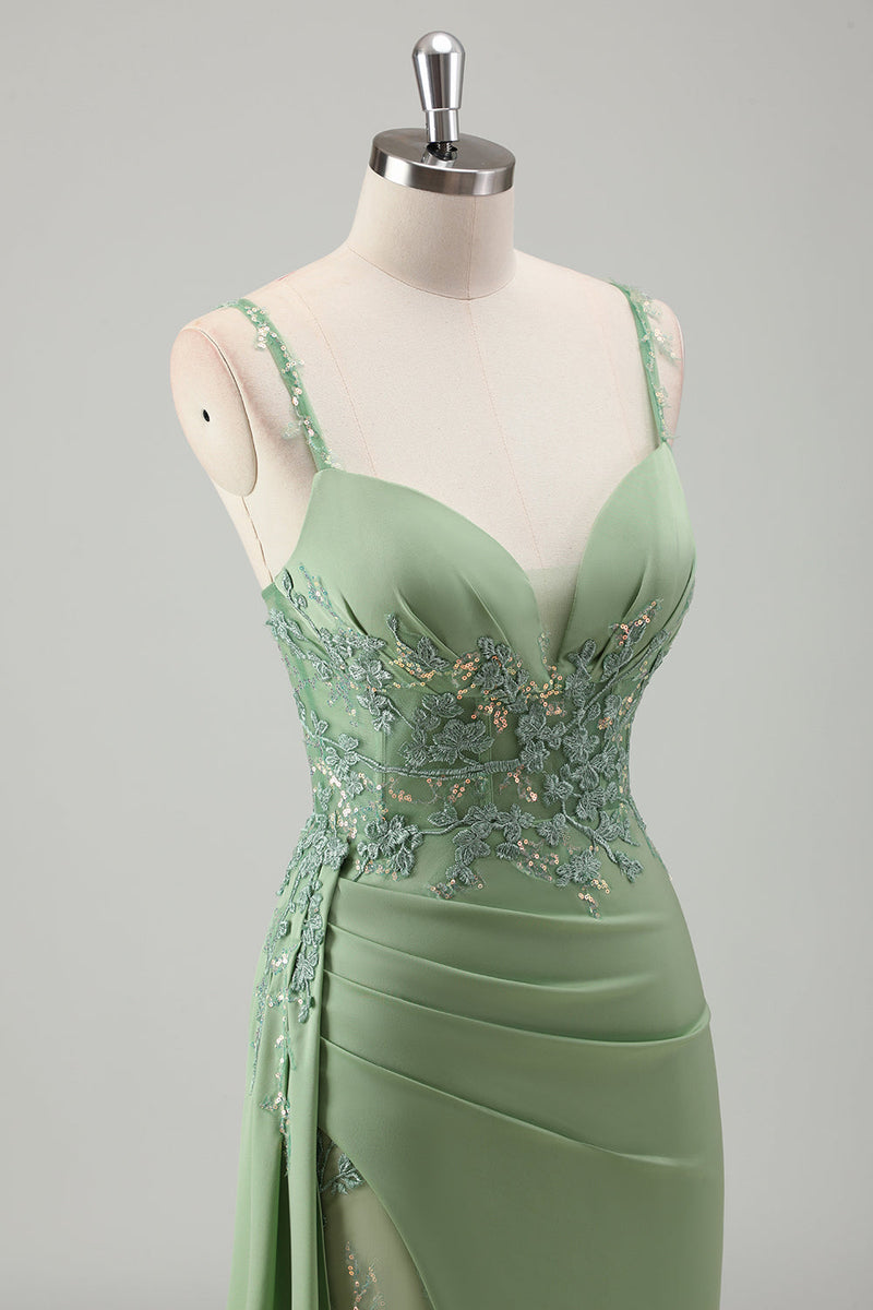 Load image into Gallery viewer, Light Green Mermaid Satin Appliqued Long Formal Dress with Slit