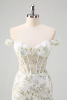 Load image into Gallery viewer, Light Green Corset Off The Shoulder Long Formal Dress with Embroidery