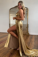 Load image into Gallery viewer, Golden Corset Strapless Long Formal Dress with Slit