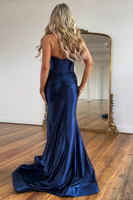 Load image into Gallery viewer, Navy Corset Halter Mermaid Backless Long Satin Formal Dress with Slit