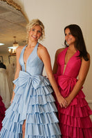 Load image into Gallery viewer, Blue A Line Halter Bowknot Corset Tiered Long Formal Dress with Slit