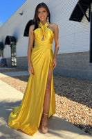 Load image into Gallery viewer, Yellow Halter Mermaid Satin Long Formal Dress with Slit