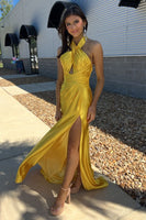 Load image into Gallery viewer, Yellow Halter Mermaid Satin Long Formal Dress with Slit
