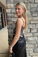 Load image into Gallery viewer, Sparkly Black Spaghetti Straps Beaded Corset Long Formal Dress with Slit