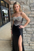 Load image into Gallery viewer, Sparkly Black Spaghetti Straps Beaded Corset Long Formal Dress with Slit