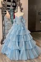 Load image into Gallery viewer, Sparkly Blue Corset Off The Shoulder Tiered Long Formal Dress with Beading
