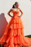 Load image into Gallery viewer, Orange Floral Spaghetti Straps Tiered Long Formal Dress with Ruffles