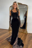 Load image into Gallery viewer, Black Mermaid Corset Long Formal Dress with Lace(Gloves are not included)