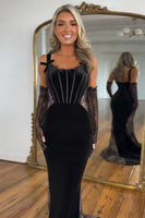 Load image into Gallery viewer, Black Mermaid Corset Long Formal Dress with Lace(Gloves are not included)