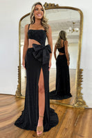 Load image into Gallery viewer, Sparkly Black Beaded Cut Out Bowknot Long Formal Dress with Slit