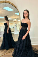 Load image into Gallery viewer, Black A-Line Corset Tulle Long Formal Dress with Ruffles