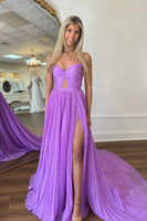 Load image into Gallery viewer, Purple A-Line Strapless Pleated Chiffon Long Formal Dress with Slit