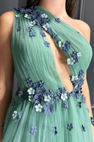 Load image into Gallery viewer, Green Floral One Shoulder Keyhole Long Formal Dress