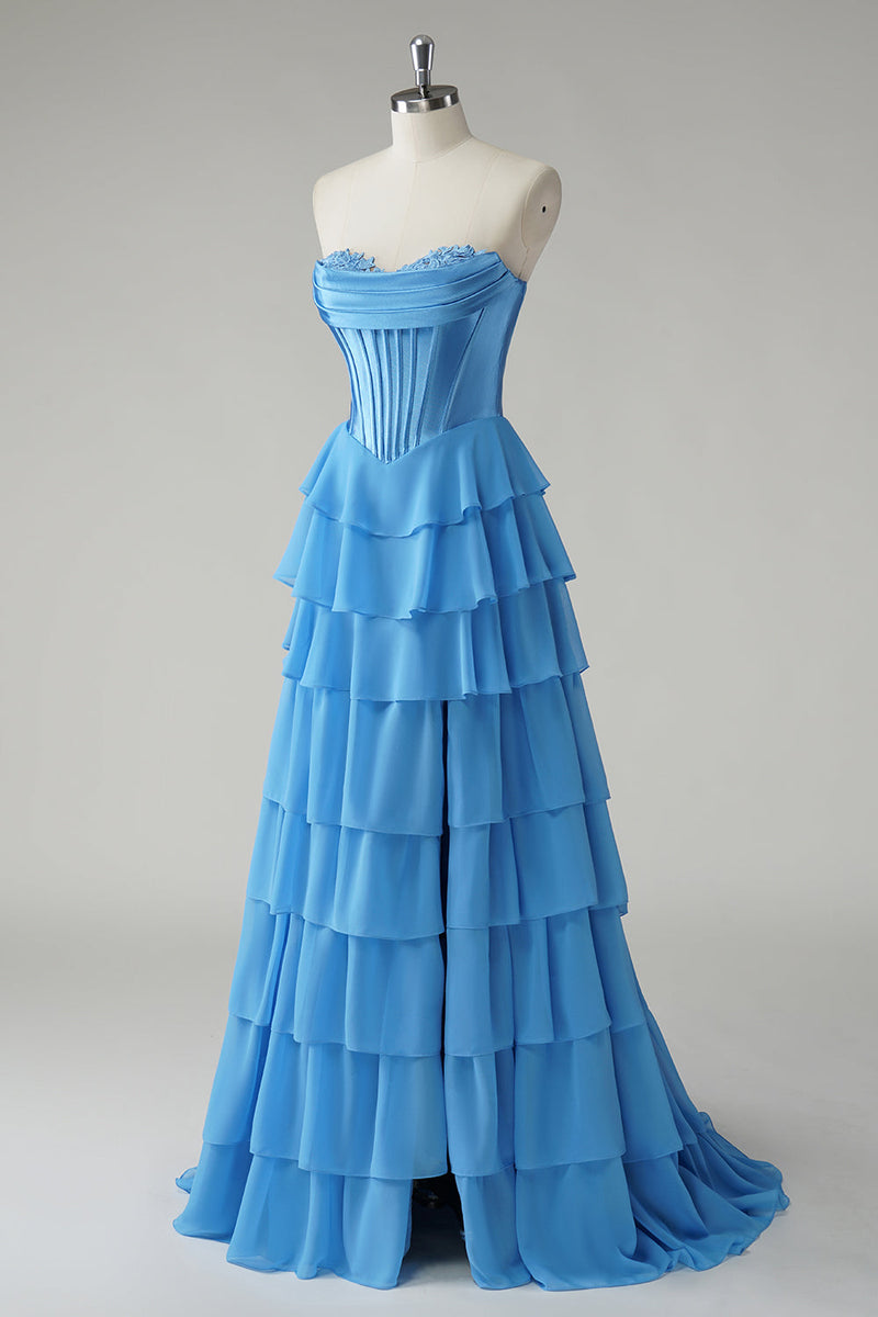 Load image into Gallery viewer, Fuchsia A Line Strapless Chiffon Corset Long Formal Dress with Slit
