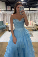 Load image into Gallery viewer, Blue Corset Ruffled Long Chiffon Formal Dress with Slit