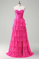 Load image into Gallery viewer, Fuchsia A Line Strapless Chiffon Corset Long Formal Dress with Slit
