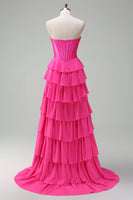 Load image into Gallery viewer, Fuchsia A Line Strapless Chiffon Corset Long Formal Dress with Slit