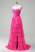 Load image into Gallery viewer, Fuchsia A Line Strapless Chiffon Corset Long Formal Dress with Slit