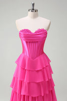 Load image into Gallery viewer, Fuchsia A Line Strapless Chiffon Corset Long Formal Dress with Slit