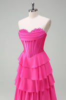Load image into Gallery viewer, Fuchsia A Line Strapless Chiffon Corset Long Formal Dress with Slit