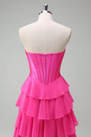 Load image into Gallery viewer, Fuchsia A Line Strapless Chiffon Corset Long Formal Dress with Slit