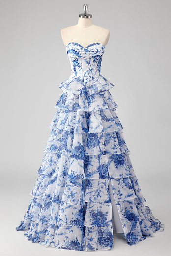 Blush Floral A Line Sweetheart Ruffled Corset Formal Dress